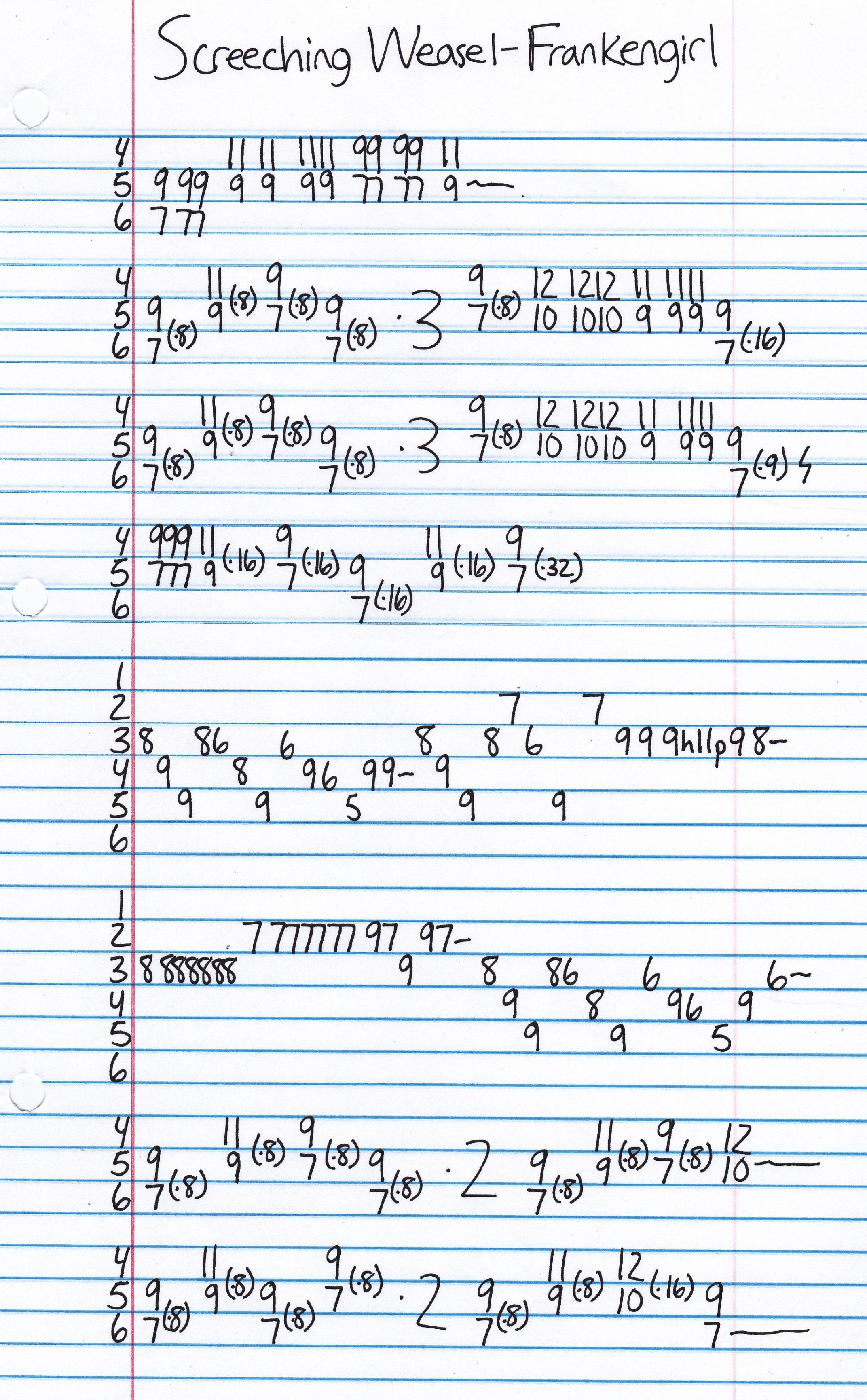 High quality guitar tab for Frankengirl by Screeching Weasel off of the album First World Manifesto. ***Complete and accurate guitar tab!***